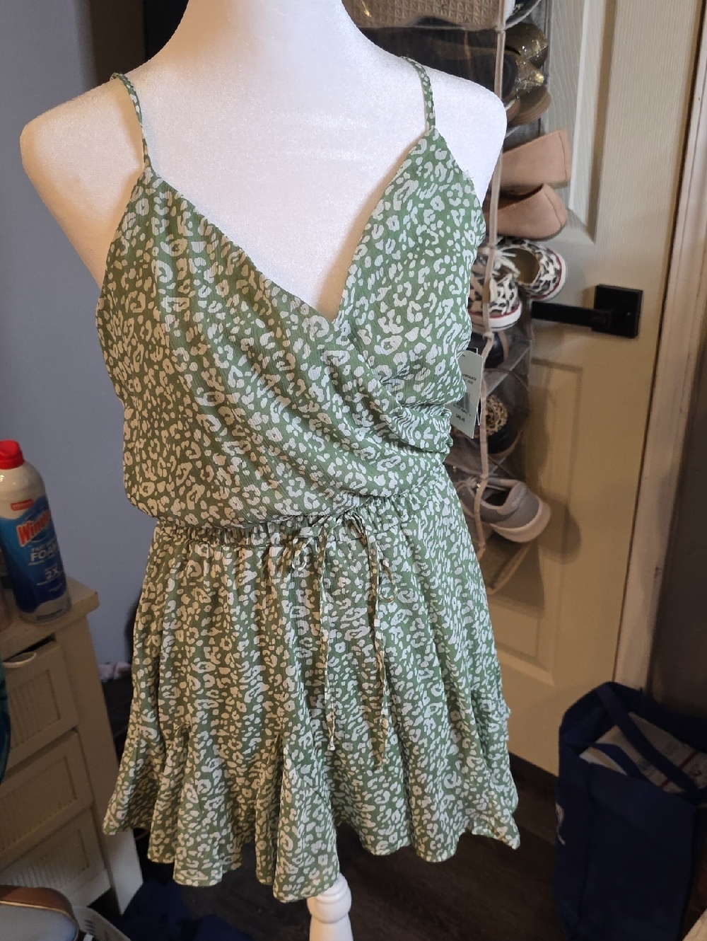 Trixxi Olive Green White Spotted Wrap-Style Mini Shorts Romper